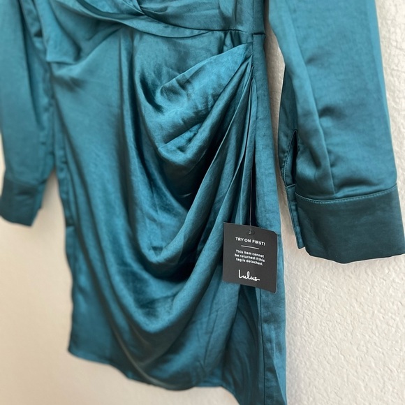 NWT Stylish Taste Dark Teal Satin Collared Long Sleeve Mini Dress - Picture 5 of 9